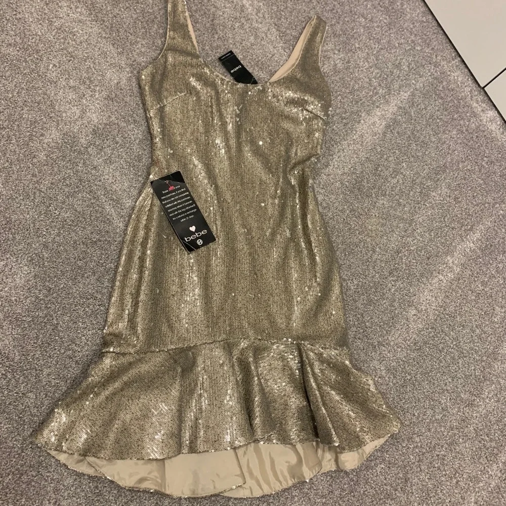 NWT Bebe Sequin Dress – Ruffle Hem – Gold Chrome - Picture 7 of 11
